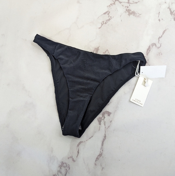 Good American Swim Bottom Women Black Rib Mid Rise Better Bikini Cheeky - Picture 2 of 13